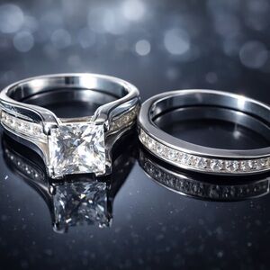 Wedding Ring Set – Size 7 (Stainless Steel + CZ)